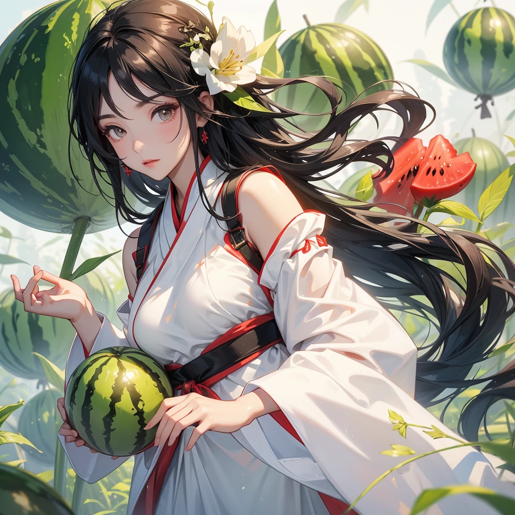 A black hair beautiful female in white hanfu dress , Standing in the middle of The rice fields are full of Big, fresh, green watermelon There is a watermelon cut in half. Beautiful red color, looks very delicious in your hand. close up.
