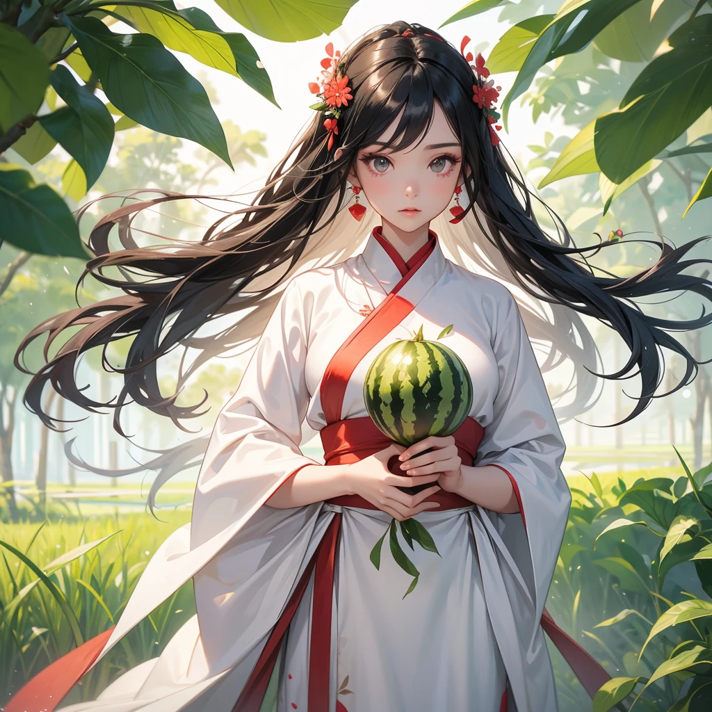 A black hair beautiful female in white hanfu dress , Standing in the middle of The rice fields are full of Big, fresh, green watermelon There is a watermelon cut in half. Beautiful red color, looks very delicious in your hand. close up.