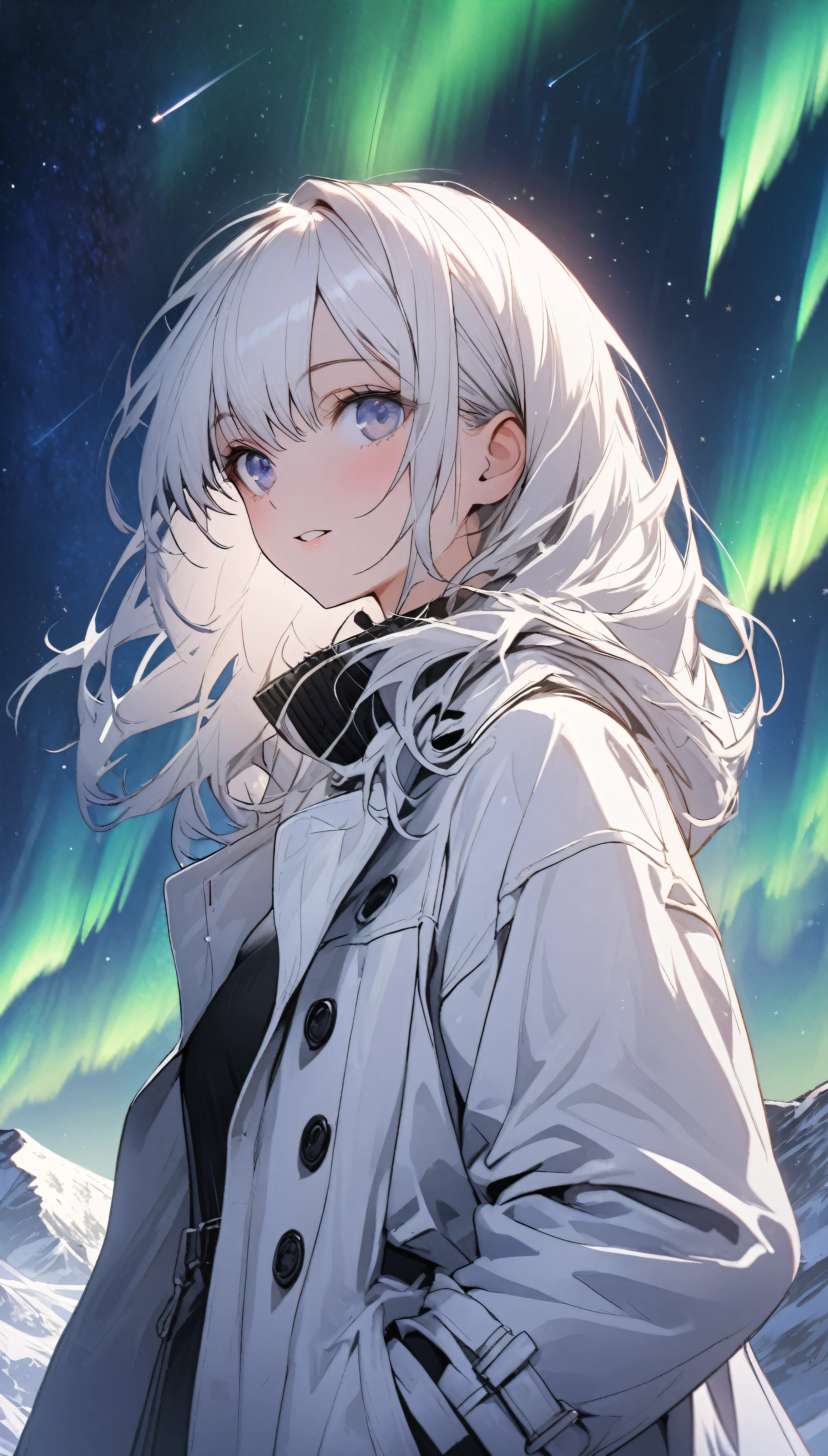 Beautiful girl with white hair,Open white long trench coat,Black lining,Snowy mountain tops,Starry Sky,Meteor,Put your hands in your pockets,Look up at the Starry Sky,panoramic,Character Close-up,midnight,Aurora