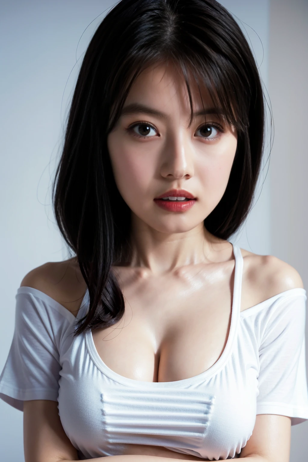 (Large breasts),(Irritation:1.1),8k,Ultra Sharp,High resolution,low,born,Sony,(Soft lighting:1.4),(Portraiture:1.3),(Black Bob),(White T-shirt)