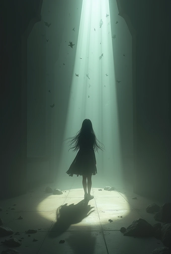 An isolated fantasy girl with long black hair stands alone in a dimly lit room, their shadow stretching long and dark across the floor. The room, though filled with fragments of light, feels heavy and muted. The figure’s gaze is distant, lost in thought, as shards of light seem to float around them, representing their fragile state. The atmosphere is a blend of melancholy and introspection, with a sense of looming fragility.