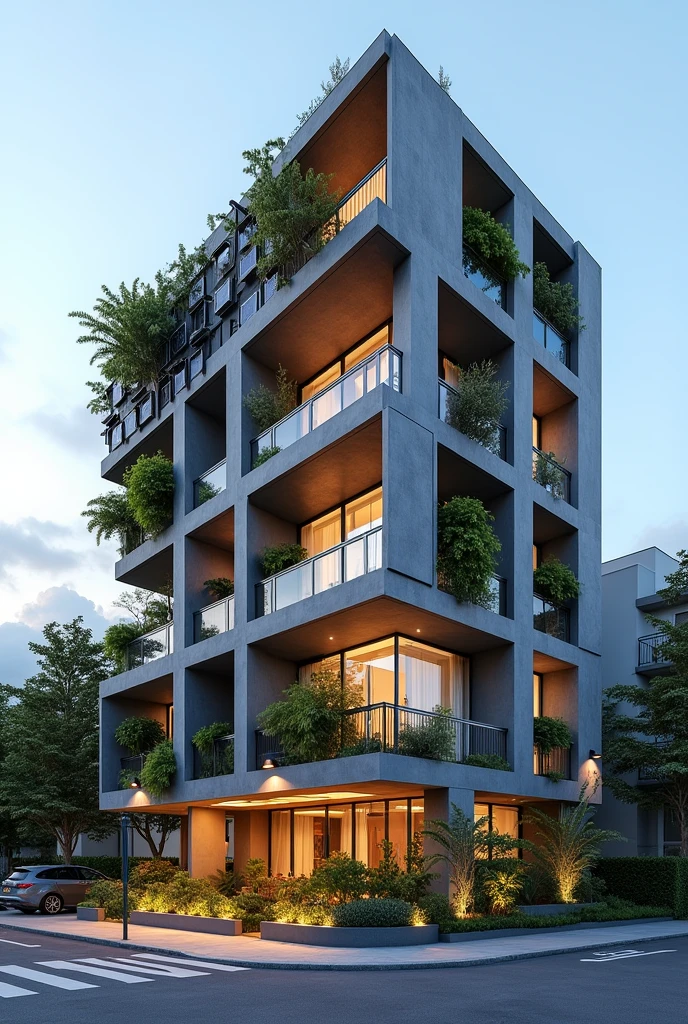 Make 4 story apartment house with LED lights, solar panel, microwind turbines and rain water catcher.