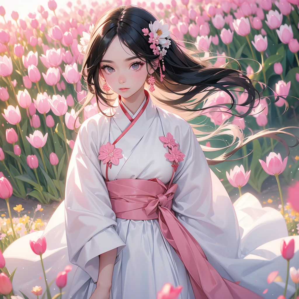 A black hair beautiful female in white hanfu dress , Standing in the middle of pink tulip field, close up.