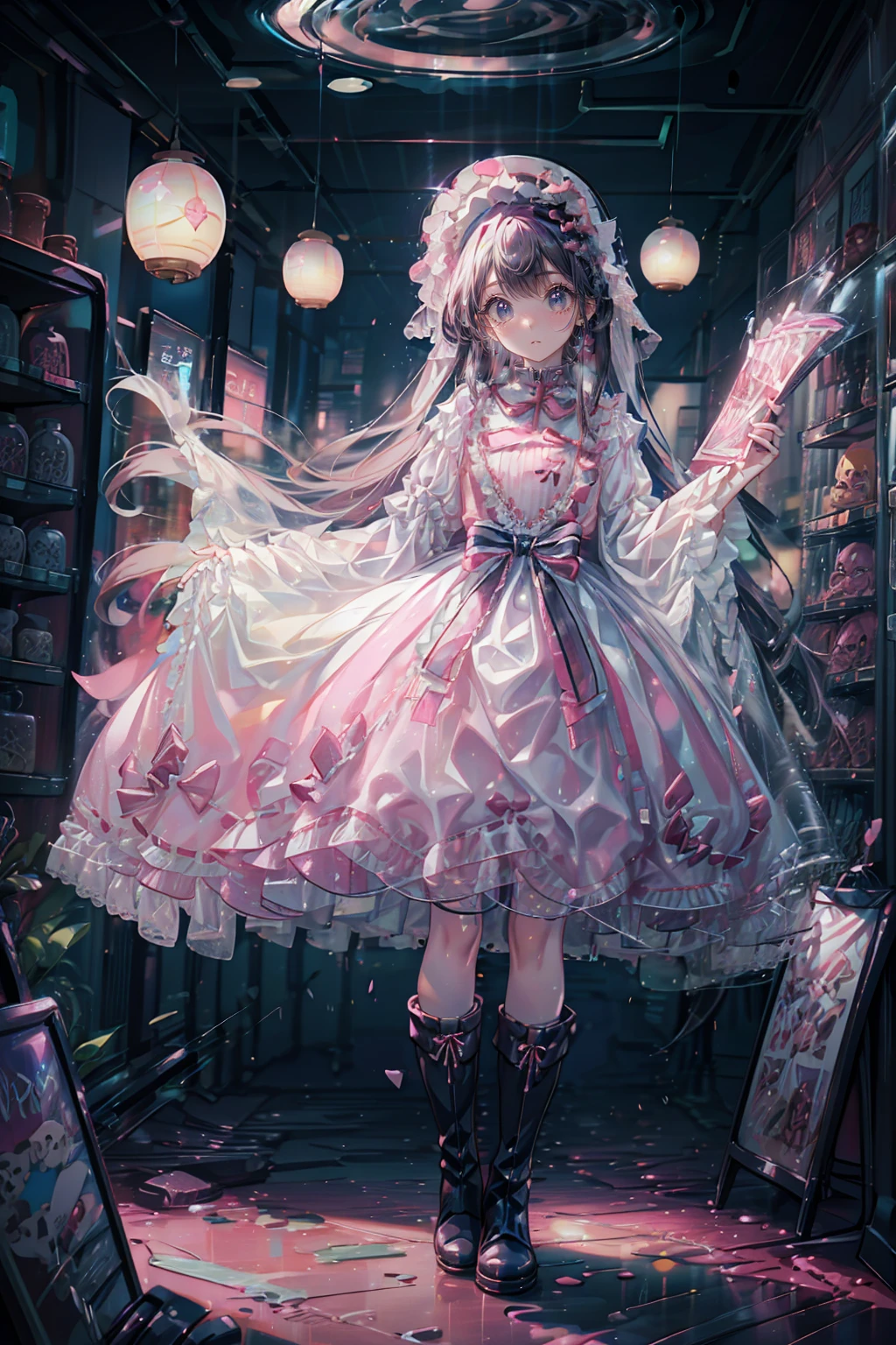 To rob、Raiding the store、Anime Style、Storytelling、、beautiful girl、とてもcute天使、Pink Gothic Dress、cute、、smile、Long skirt、Black long boots、
