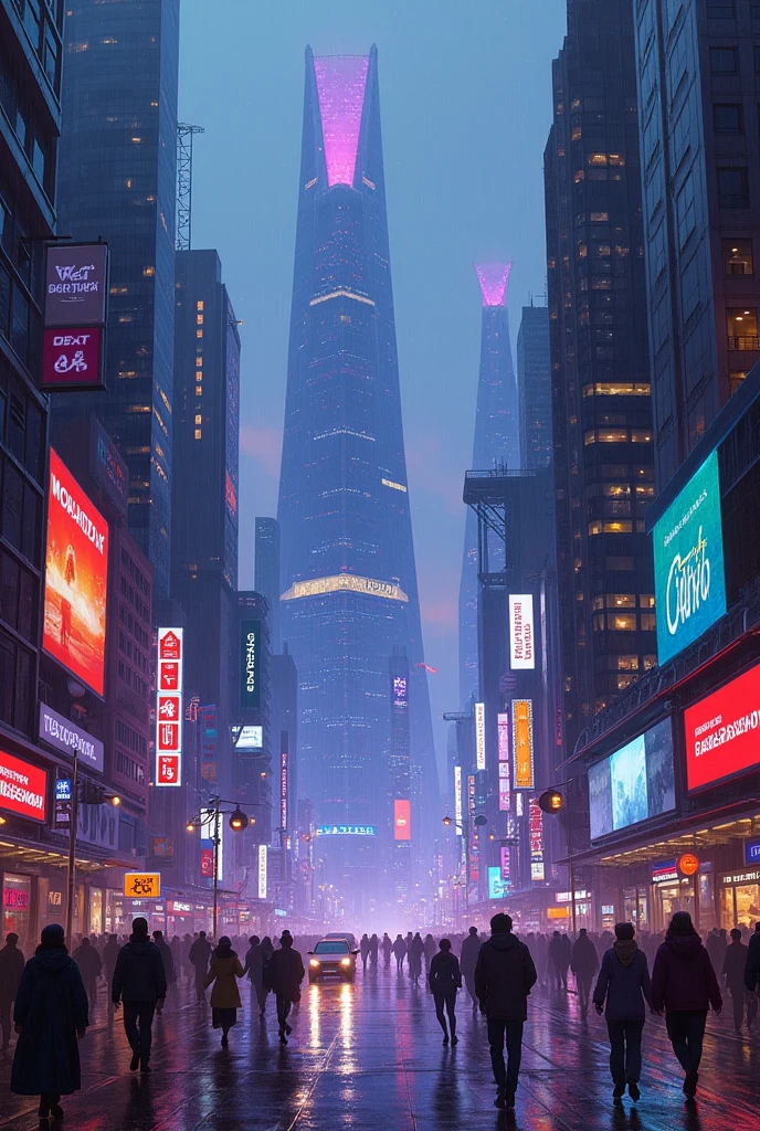 Oil painting of a futuristic street, tall buildings in a distance,bright purple and blue lights, billboards, people walking on footpath, and cars on the street. Night time, raining, very realistic
