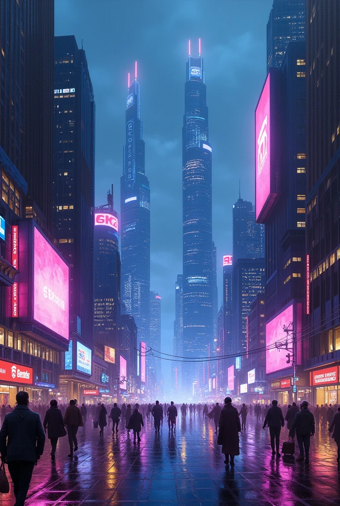Oil painting of a futuristic street, tall buildings in a distance,bright purple and blue lights, billboards, people walking on footpath, and cars on the street. Night time, raining, very realistic 