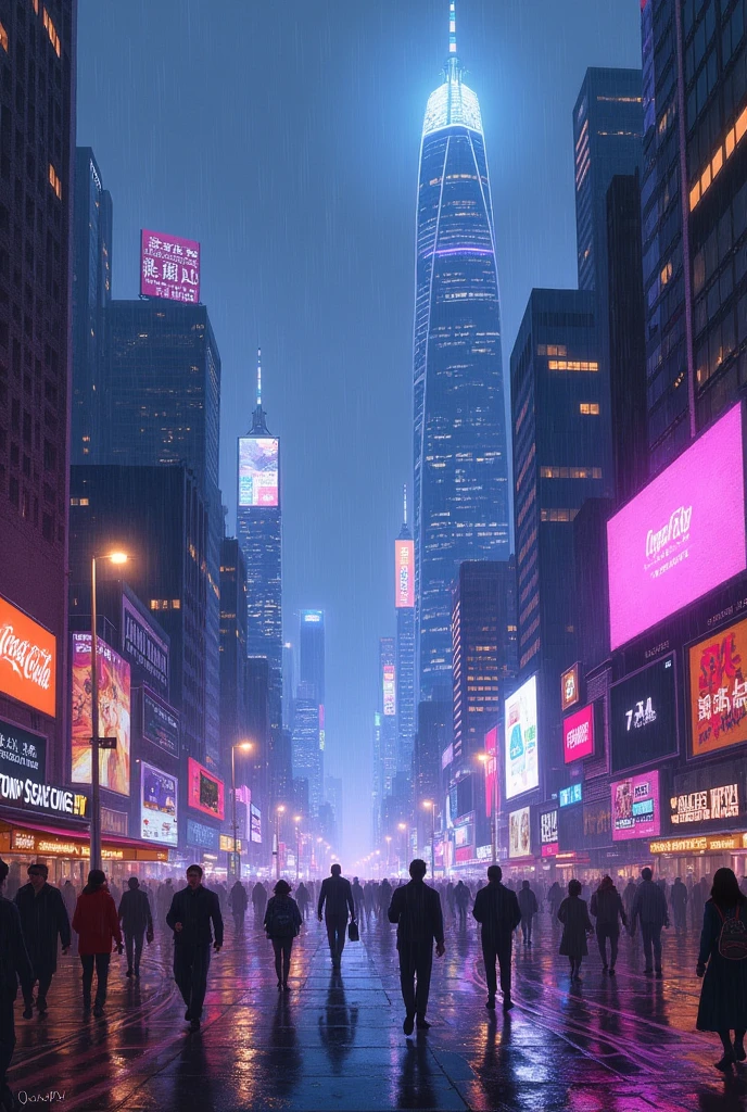 Oil painting of a futuristic street, tall buildings in a distance,bright purple and blue lights, billboards, people walking on footpath, and cars on the street. Night time, raining, very realistic 