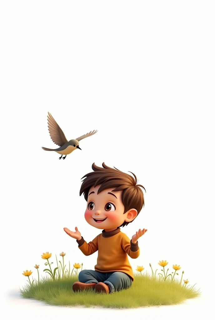 white background,best quality,little smart boy,siting on grass,look at the little bird,raising his hands to the little bird,cute beautiful little bird flying,cute boy smiling