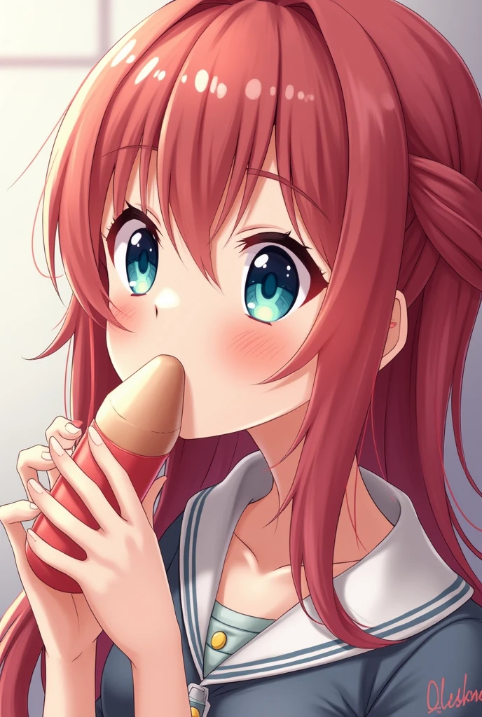 1 boy, licking penis、cum facial、 Face、Sweat、、Bedroom,Asuka Langley Soryu, (Souryu Asuka Langley:1.2), Long hair, Bangs, Blue eyes, Brown hair, Hair Ornament, from above