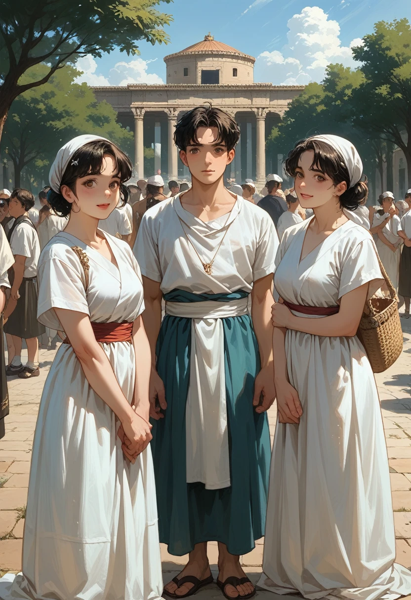 Show this young man talking to three girls,retain the same style as the original image texture and appearance,    the atmosphere of the ancient Greek past, captured in an artistic style similar to that of Alma Tadema. The image, while a realistic visual representation, avoids showing any reference to modern technology. Instead, the scene is portrayed as if it were a classic painting, without the presence of the Canon EOS 5D Mark IV camera used to