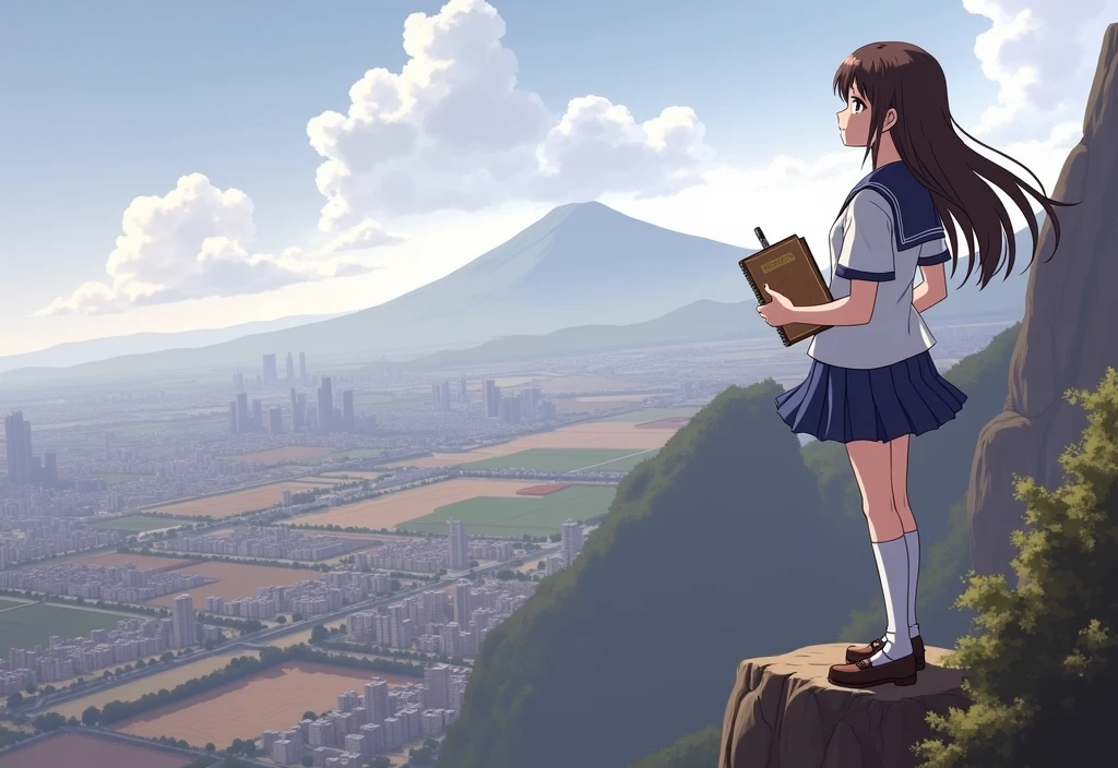 (Extremely detailed and high-quality illustrations)A high school girl wearing blue and white JK stands on the top of the mountain，Overlooking the city in front and the wasteland in the distance，Hands holding vintage notebook and pen，The girl&#39;s hair and eye color are both dark brown，And a well-proportioned figure，With black-framed eyes