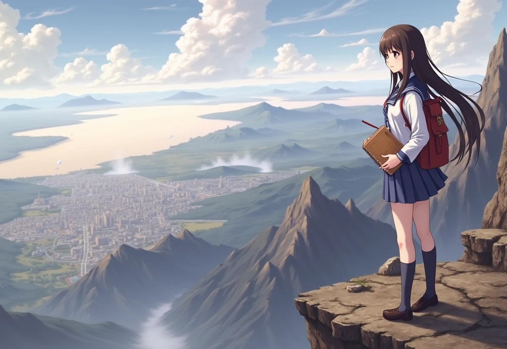 (Extremely detailed and high-quality illustrations)A high school girl wearing blue and white JK stands on the top of the mountain,Overlooking the city in front and the wasteland in the distance,Hands holding vintage notebook and pen,The girl's hair and eye color are both dark brown,And a well-proportioned figure,With black-framed eyes