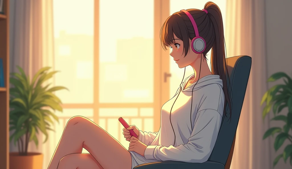 morning、Listen to music in the room、Sit on a chair、high school girl、Big Breasts、 relax、White sweatshirt、ponytail、Use headphones, Bright environment、2D-style animation, Lo-Fi、Retro、Anime style illustrations、Line art with clear outlines