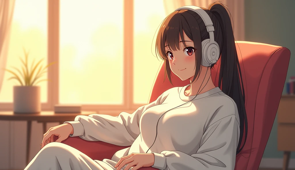 morning、Listen to music in the room、Sit on a chair、high school girl、Big Breasts、 relax、White sweatshirt、ponytail、Use headphones, Bright environment、2D-style animation, Lo-Fi、Retro、Anime style illustrations、Line art with clear outlines