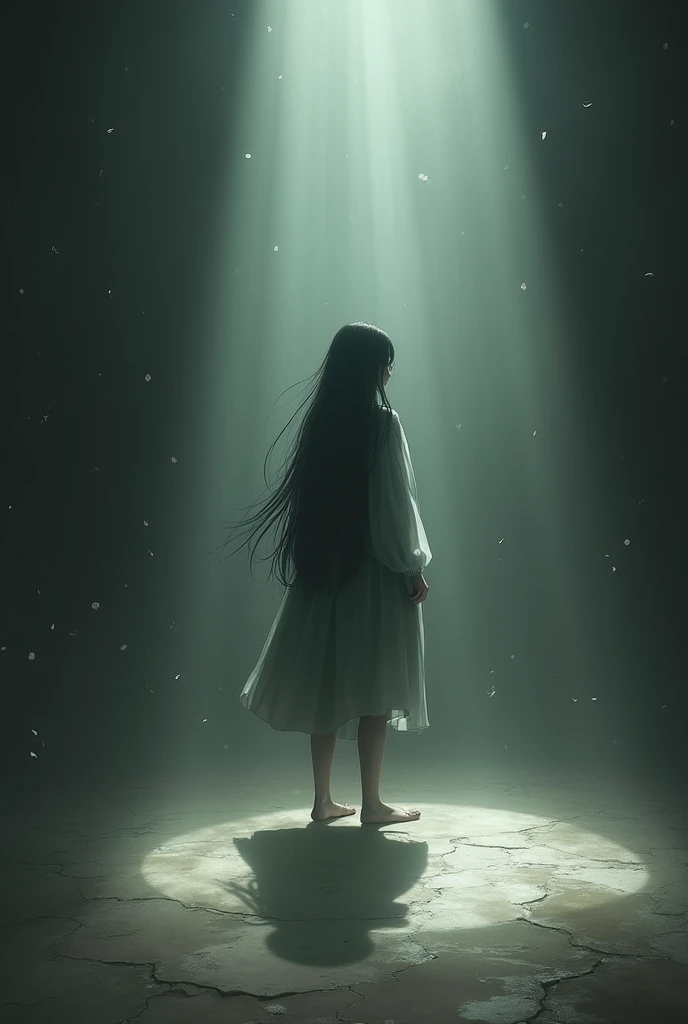 An isolated fantasy girl with long black hair stands alone in a dimly lit room, their shadow stretching long and dark across the floor. The room, though filled with fragments of light, feels heavy and muted. The figure’s gaze is distant, lost in thought, as shards of light seem to float around them, representing their fragile state. The atmosphere is a blend of melancholy and introspection, with a sense of looming fragility.