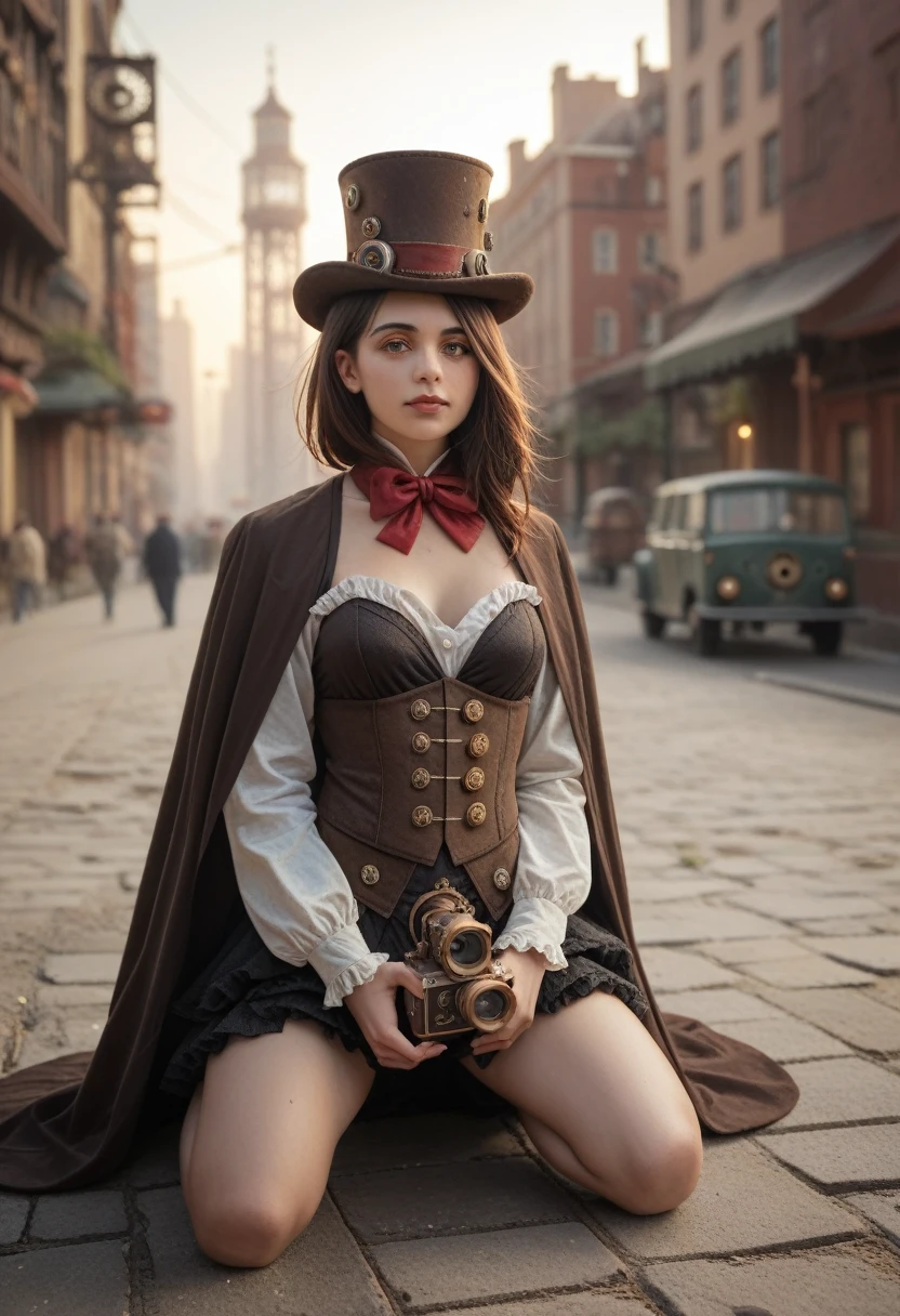 Columbian 19 year old girl, half body view, (front to camera), detailed european face, (aspiring facial expression), (((steampunk style close))), ((steampunk city on the background)), RAW, analog style, ultra detailed photograph, cinematic lighting, artstation, 4k, sharp focus, high resolution, detailed skin, detailed eyes, kneeling, full body,