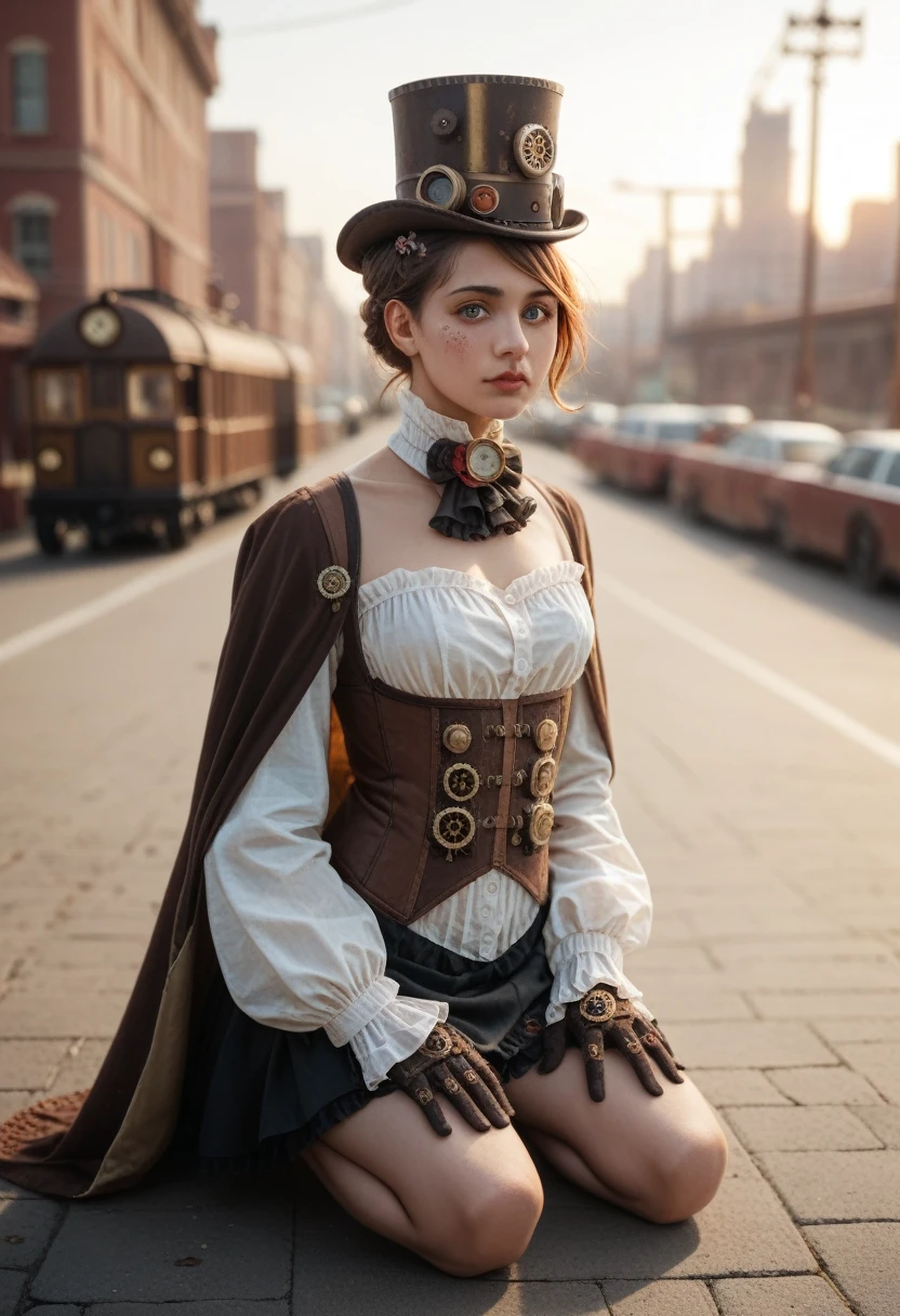 Columbian 19 year old girl, half body view, (front to camera), detailed european face, (aspiring facial expression), (((steampunk style close))), ((steampunk city on the background)), RAW, analog style, ultra detailed photograph, cinematic lighting, artstation, 4k, sharp focus, high resolution, detailed skin, detailed eyes, kneeling, full body,