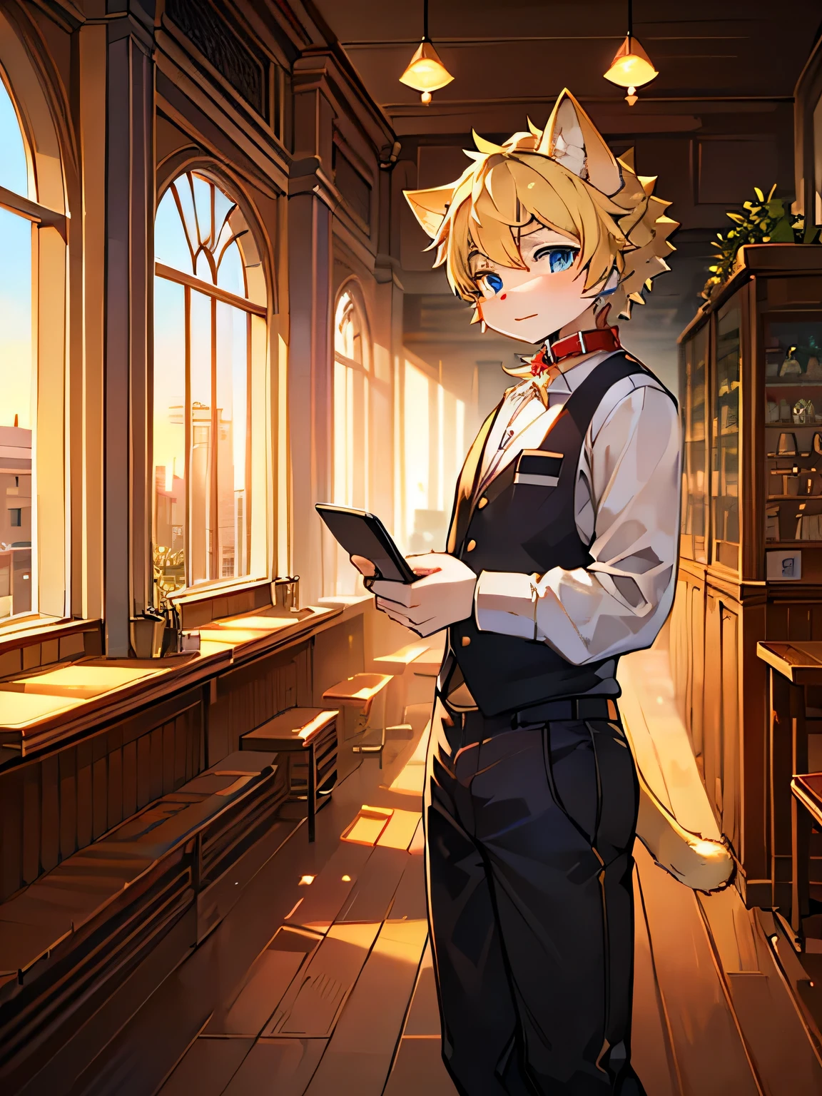 Masterpiece, top quality, high quality, high detailing, ((Kemono, solo, male cat, blonde hair, blue eyes, white skin color, fur, wear cafe employee outfit, wear red collar, wear black pants, fluffy cat tail)), (by GINBIS2000), looking at viewers, no smile, standing in front of cashier, holding note book with pen, read for order, (in cafe, cafe background, sunset, modern cafe)