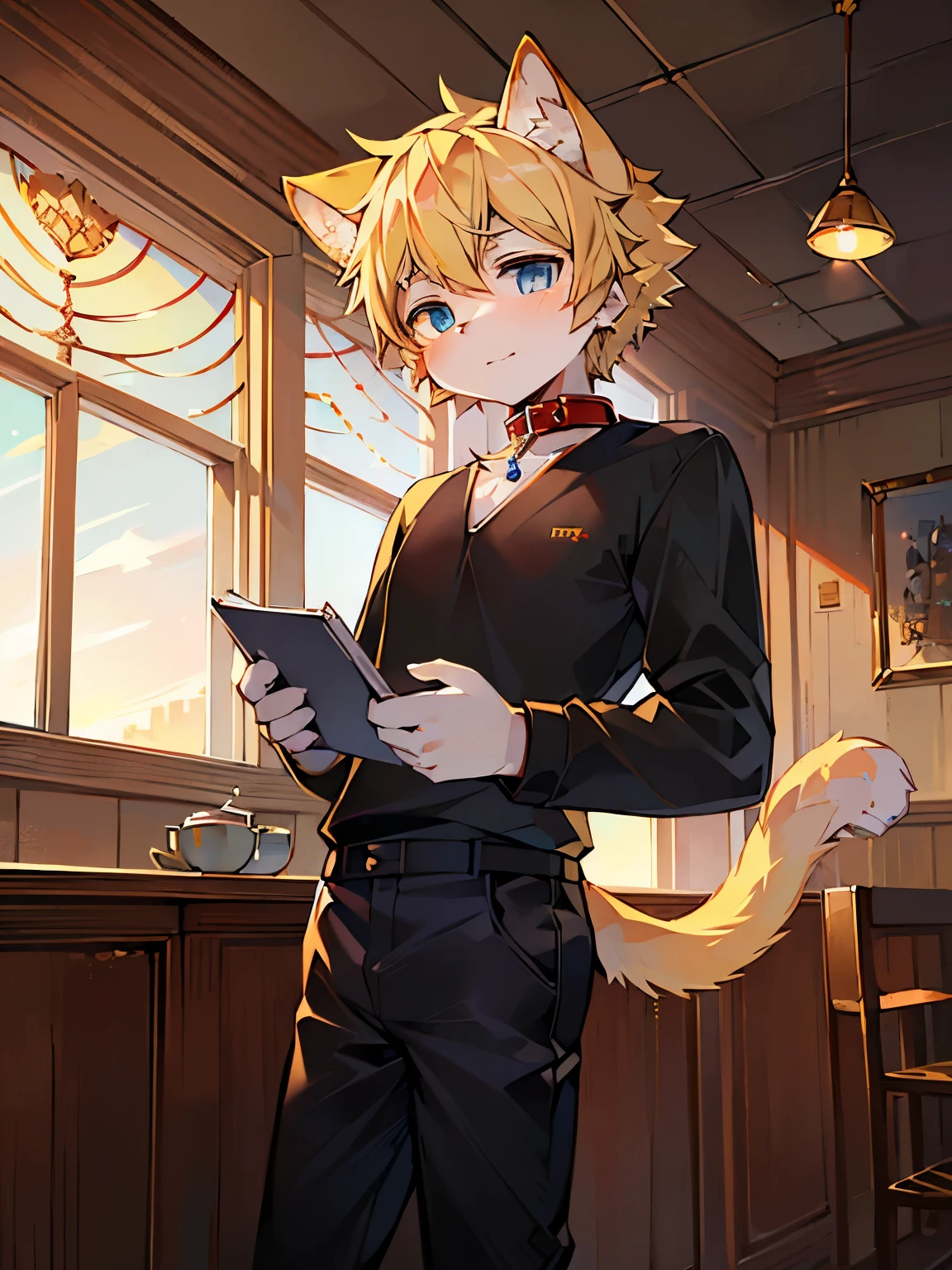 Masterpiece, top quality, high quality, high detailing, ((Kemono, solo, male cat, blonde hair, blue eyes, white skin color, fur, wear cafe employee outfit, wear red collar, wear black pants, fluffy cat tail)), (by GINBIS2000), looking at viewers, no smile, standing in front of cashier, holding note book with pen, read for order, (in cafe, cafe background, sunset, modern cafe)