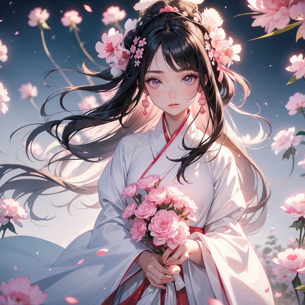 A black hair beautiful female in white hanfu dress , Standing in the middle of pink carnations,close up.