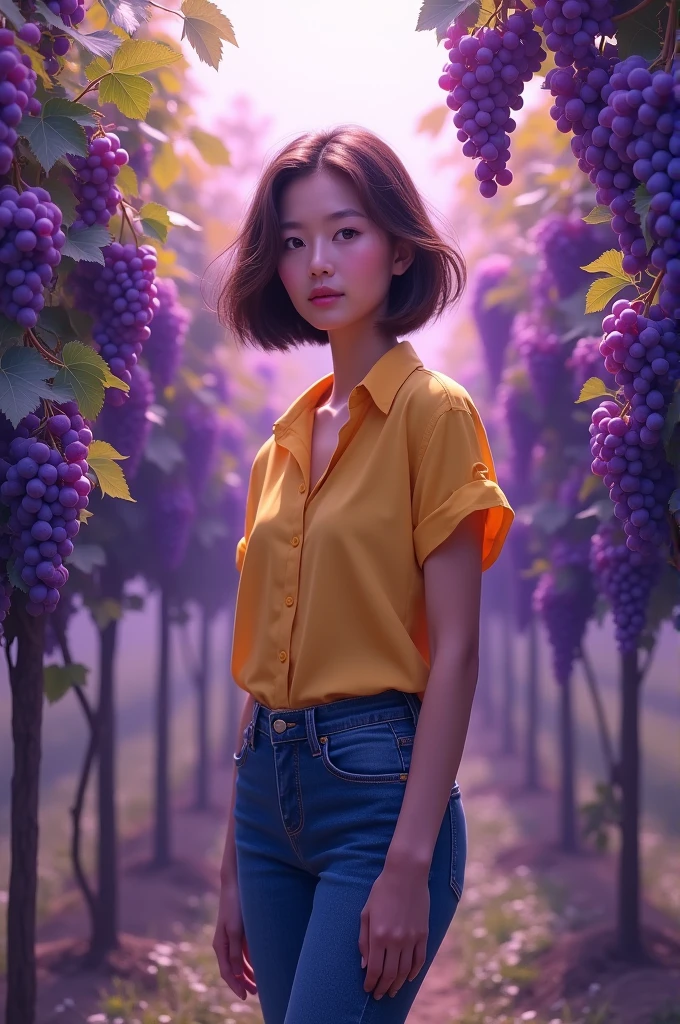 Beautiful Thai woman short brown hair wearing yellow shirt and blue jeans, standing in front of purple grape garden, purple atmosphere 