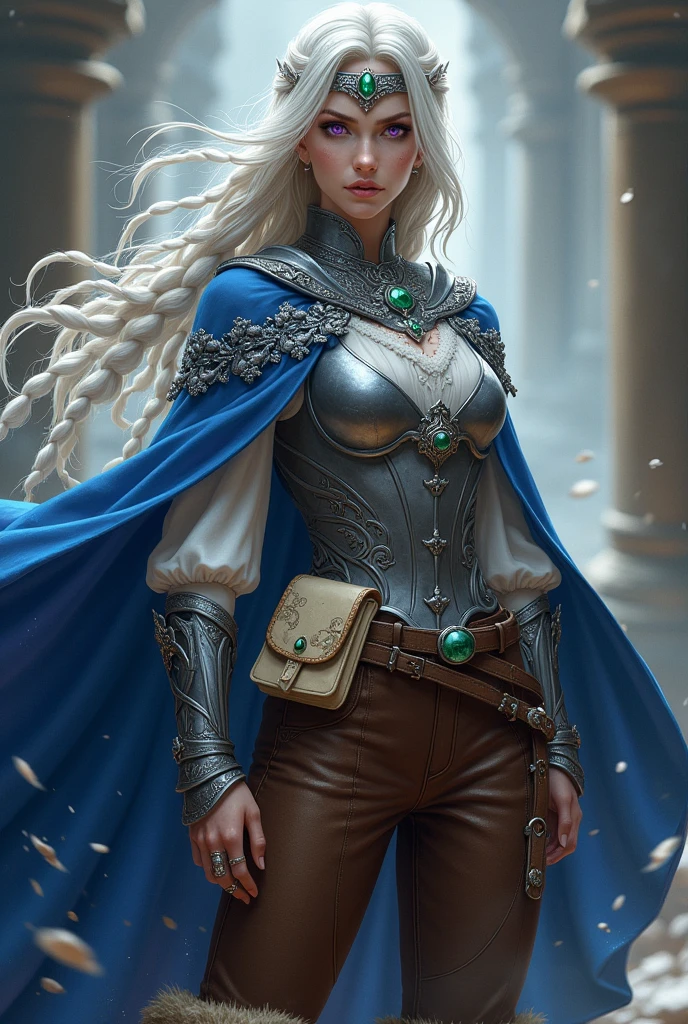 female mage, with long braided white hair. purple eyes. Blue cape decorated with silver embroidery. White blouse, silver breastplate and brown trousers ,Fur-trimmed boots. Silver collar with emerald and silver headband with emerald Brown belt with cream colored pouch