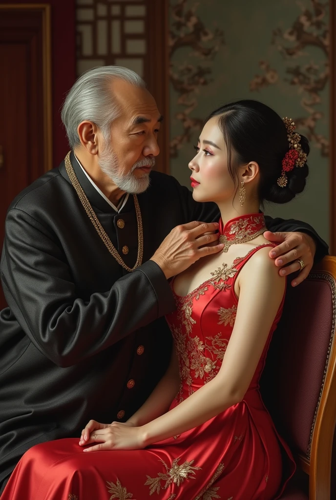 Korean girl 1 with big breast wearing silky smooth Chinese traditional dress and traditional hairstyle, rich old man putting their hand on her