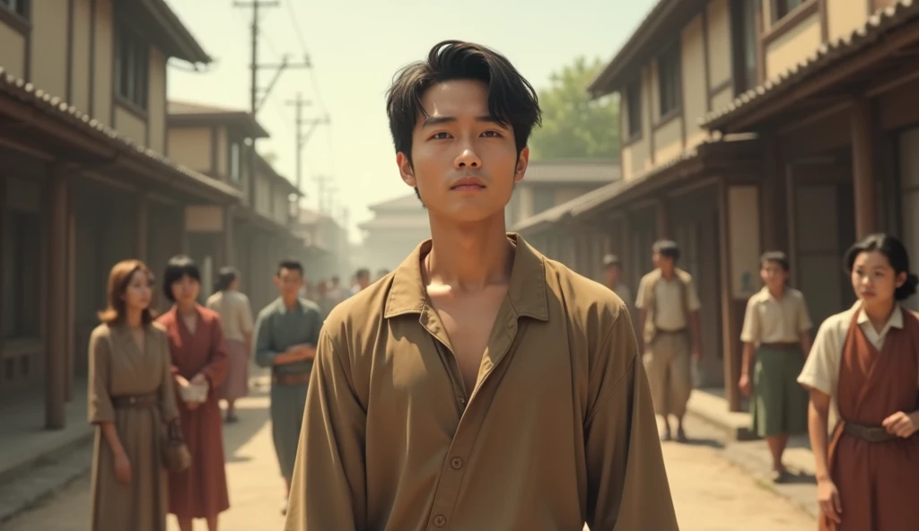 In 1930s, A short hair handsome and moral young man of Asian descent, dressed in the brown clothes without button in the middle instead put on over to the left side like to button, without a collar, featuring long sleeves, a plain design, and made from a lightweight and cheap material was seen giving gifts and advice to various people throughout the town from spirit to physic.