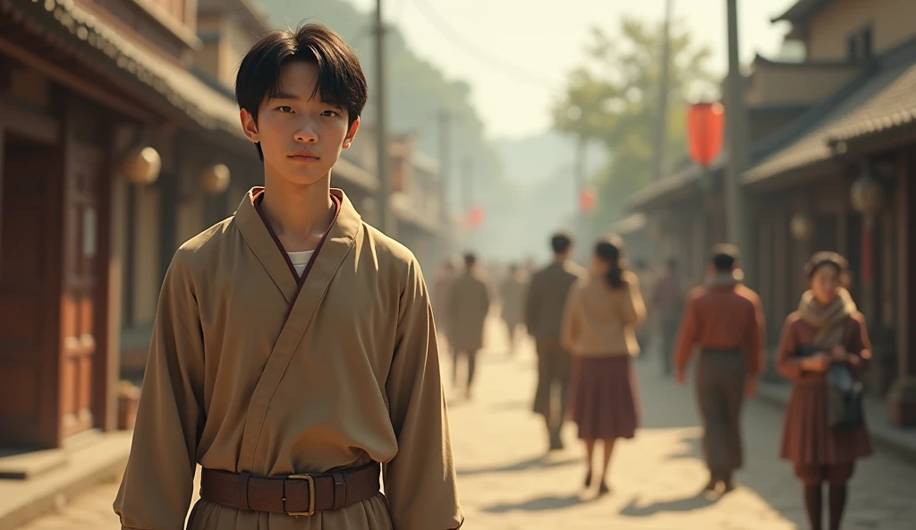 In 1930s, A short hair handsome and moral young man of Asian descent, dressed in the brown clothes without button in the middle instead put on over to the left side like to button, without a collar, featuring long sleeves, a plain design, and made from a lightweight and cheap material was seen giving gifts and advice to various people throughout the town from spirit to physic.