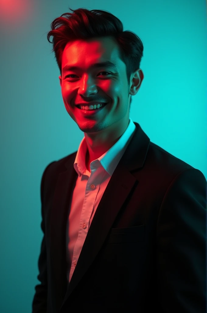 @মোঃ সাইফুল ইসলাম:A young man with dark hair and a confident smile. He is dressed in a black blazer over a white shirt. The man is positioned against aqua colour backdrop with a subtle red lighting on the left side. an