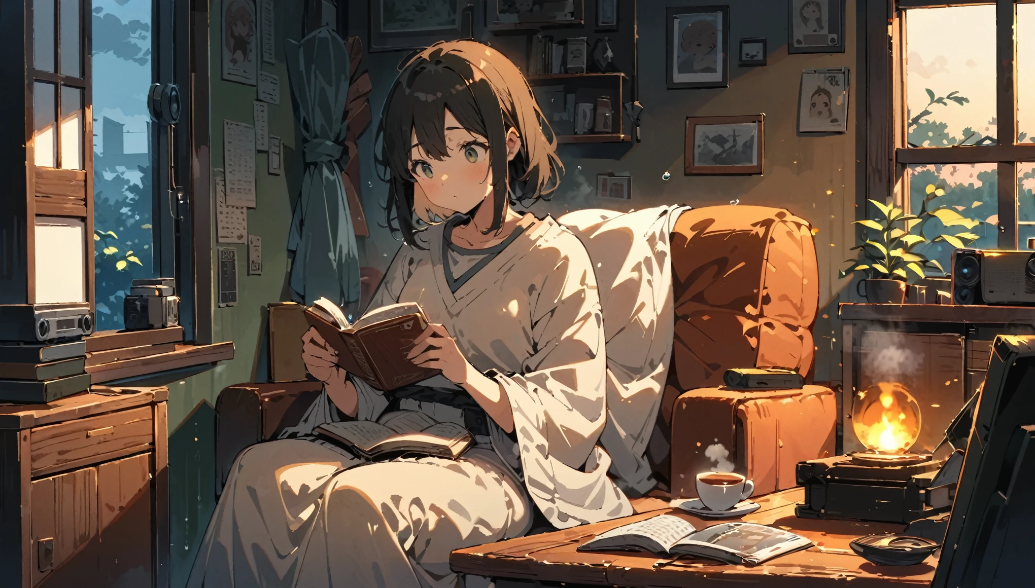 ((japanese cartoon movies:1.4,illustration)),(masterpiece, top quality, best quality),(very detailed, absolute resolution),((16,000, high resolution)), (((A cozy scene of a person reading a book on a rainy day. Show yourself sitting in a comfortable chair or sofa holding a book.., Surrounded by soft blankets and pillows.. Include a large window with raindrops falling on it, A steaming cup of tea or coffee on the table, And warm ambient lighting for a tranquil atmosphere.))), ((cosy lofi illustration:1.4)), ((japanese cartoon movies:1.4, illustration)),(masterpiece, top quality, best quality),(very detailed, absolute resolution),((16,000, high resolution)) break {Lofi Art, Lori Grizzly Style, Makoto Shinkai style, japanese cartoon movies aesthetic}, break { (Create images with over 40 million pixels of information with cinematic, detailed textures captured with a Sony SLR..).}