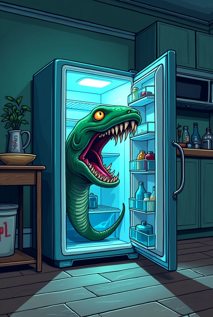 Eel coming out of the refrigerator scary cartooning
