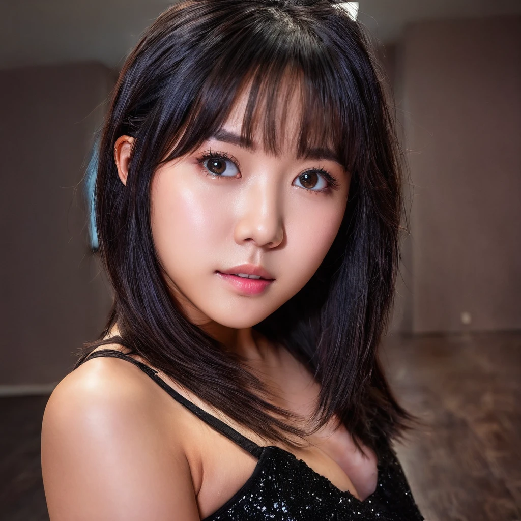 Yui, photo of female, age 15 year, black shoulder length hair with brown highlights;; (rim lighting, studio lighting), (dslr, ultra quality, film grain, Fujifilm XT3, crystal clear, 8K UHD, highly detailed glossy eyes, high detailed skin, skin pores), wear black bodycon, sexy pose