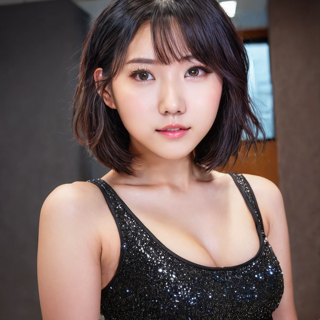 Yui, photo of female, age 15 year, black shoulder length hair with brown highlights;; (rim lighting, studio lighting), (dslr, ultra quality, film grain, Fujifilm XT3, crystal clear, 8K UHD, highly detailed glossy eyes, high detailed skin, skin pores), wear black bodycon, sexy pose