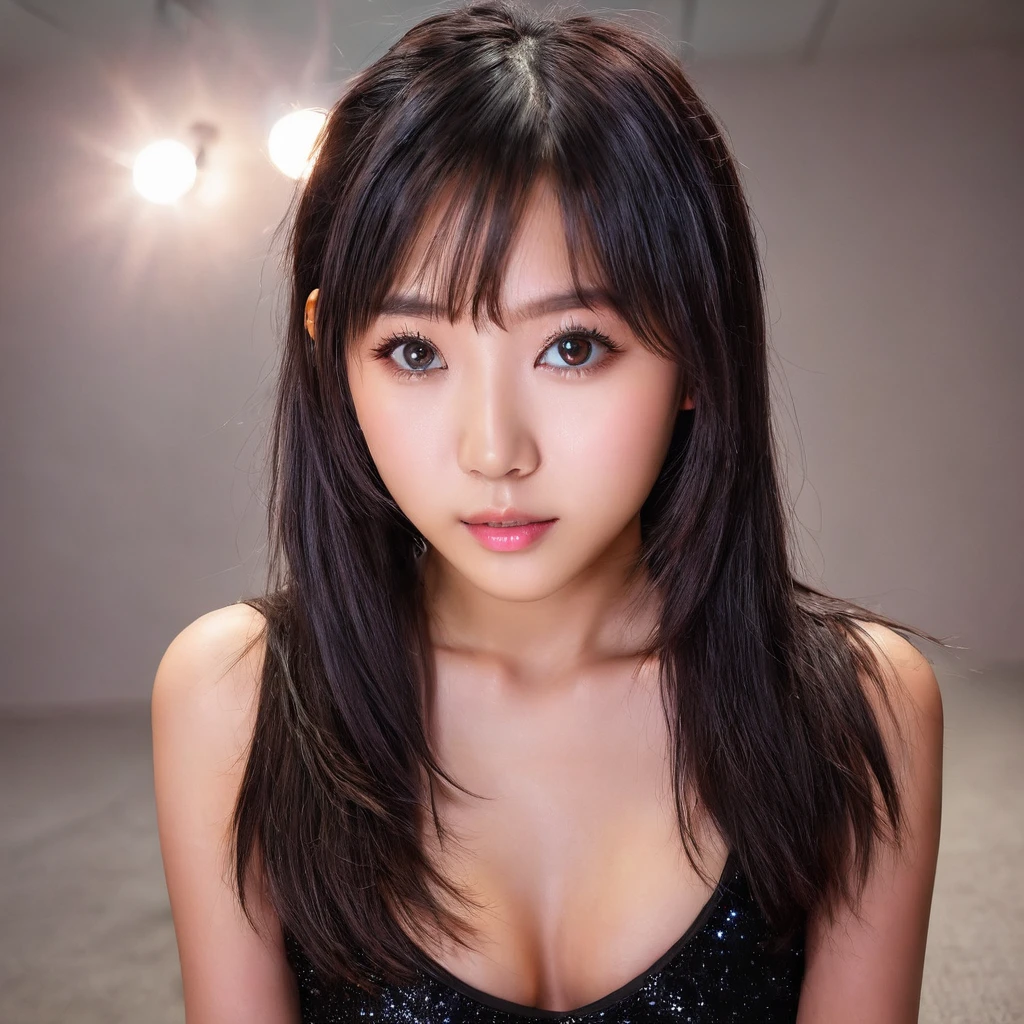 Yui, photo of female, age 15 year, black shoulder length hair with brown highlights;; (rim lighting, studio lighting), (dslr, ultra quality, film grain, Fujifilm XT3, crystal clear, 8K UHD, highly detailed glossy eyes, high detailed skin, skin pores), wear black bodycon, sexy pose