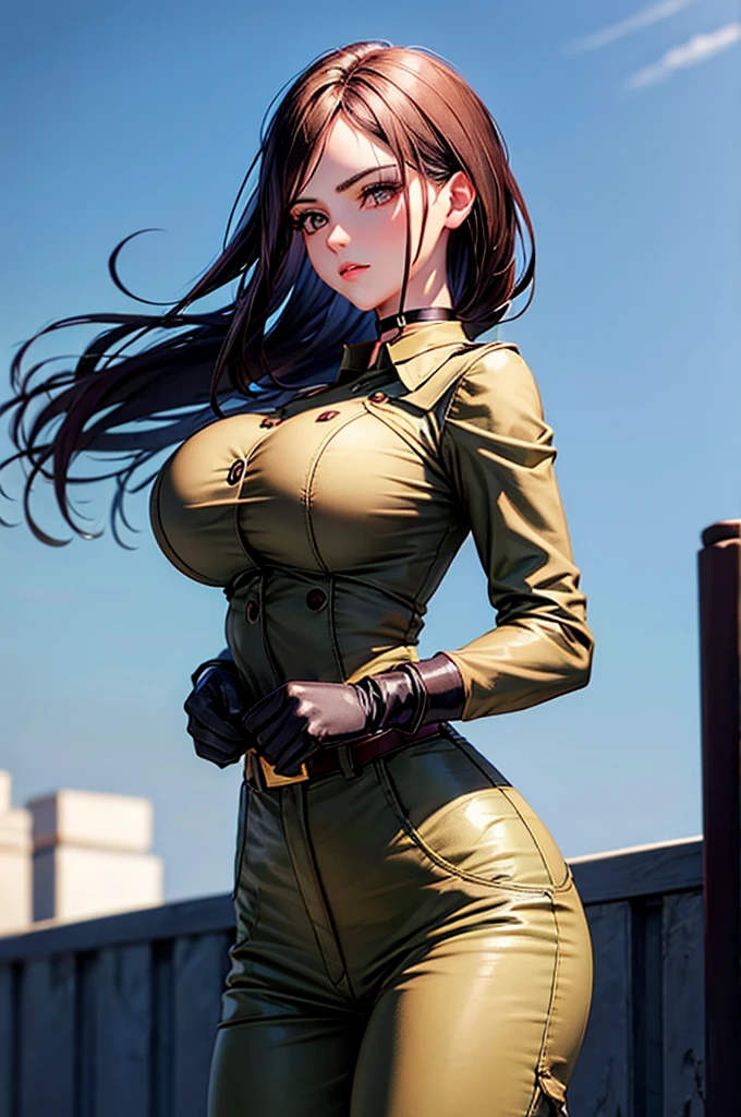 gloves uniform military military uniform belt choker pants whip beauty beautiful girl perfect face huge breasts, beautiful body