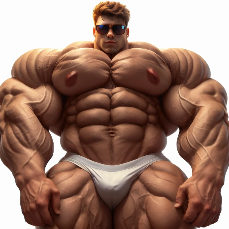 brutalmass, upshot pecs, a very handsome young man, sunglasses, shirtless, exaggeratedly muscular, on a white background