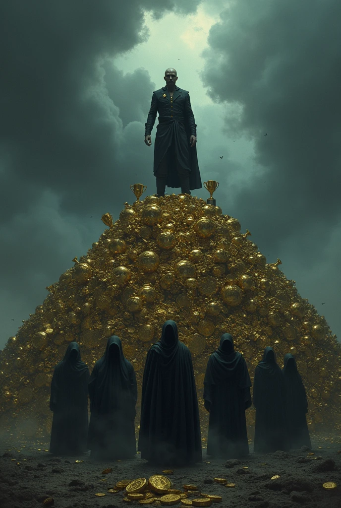 “Create a dark, foreboding image of a person standing atop a pile of gold and trophies, looking down at a group of shadowy, faceless figures below who appear to be suffering. The background should be a desolate, barren landscape, with dark clouds swirling overhead. The image should evoke a sense of moral conflict and the heavy cost of success achieved at the expense of others