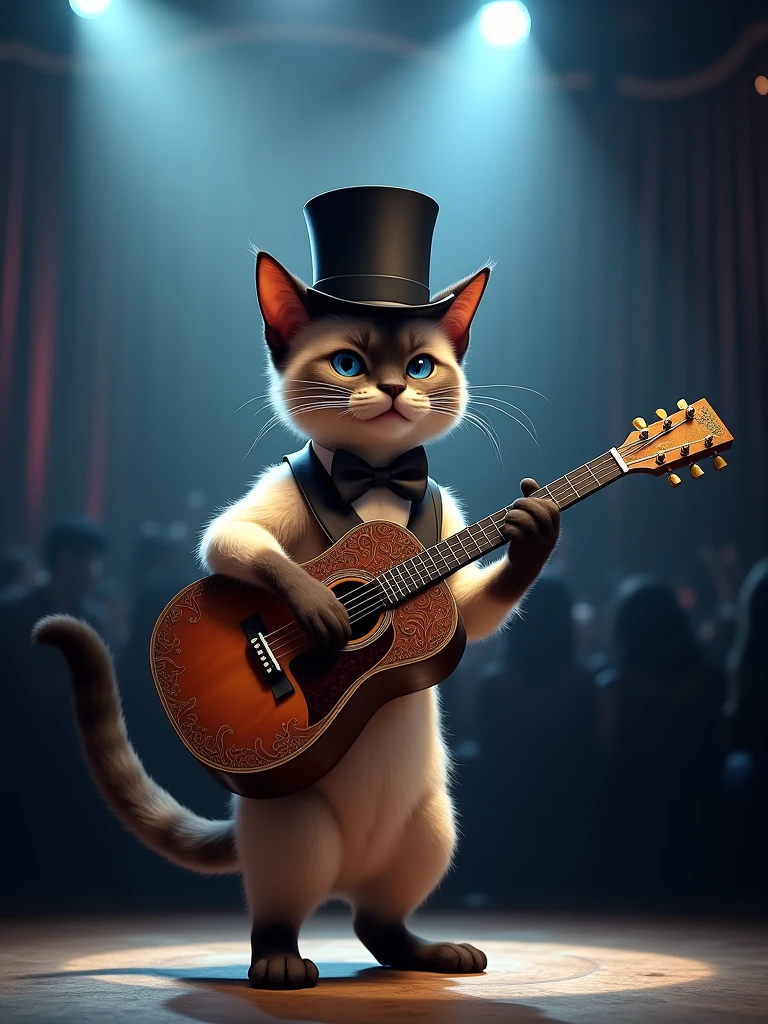 A Siamese cat playing guitar, he wears a top hat at a concert.