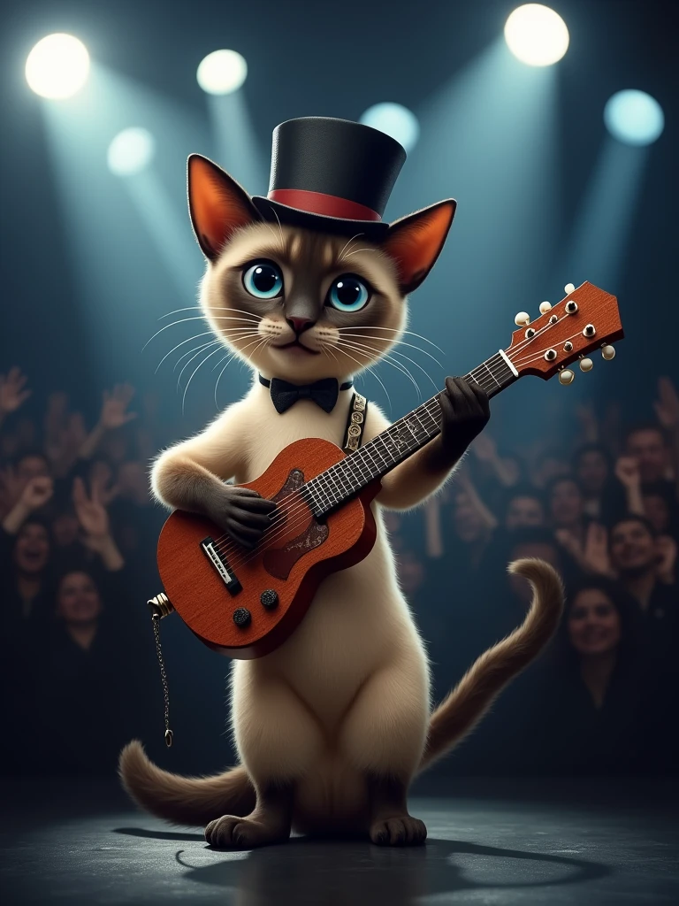 A Siamese cat playing guitar, he wears a top hat at a concert.