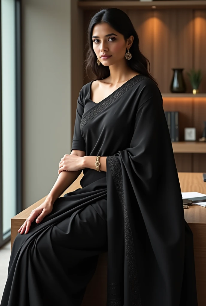women in black saree age 30 sitting
on office table