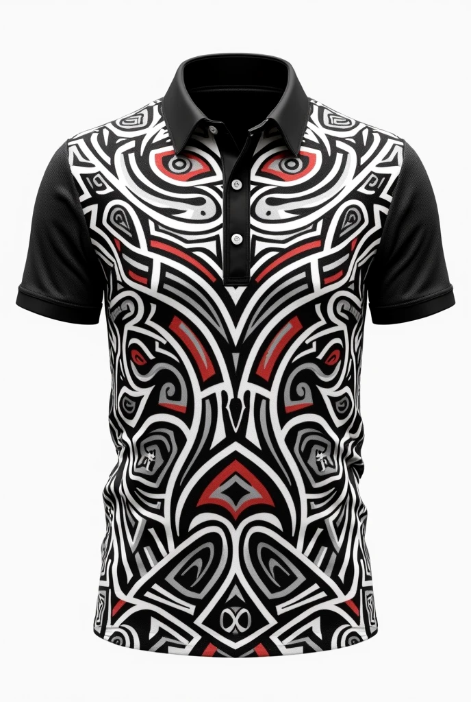 Create collar shirt black collar black red white Maori tribe pattern white background 