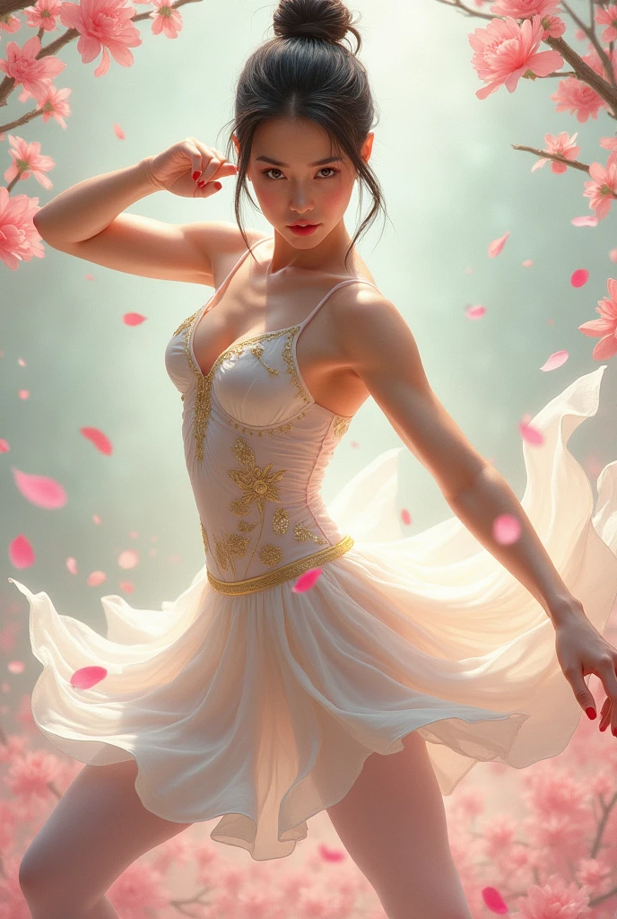Personnage inspiré d'une ballerines avec un ruban agenda avec des point jaune est rose un costume de ballerine avec des talon rose un costume de ballerines blanc teinté de agenda est de rose clair avec une sertein grâce est éternel des pétales de rose une tête avec des yeux marrons est noir des cheveux attachés et un côté de combattant dangereux