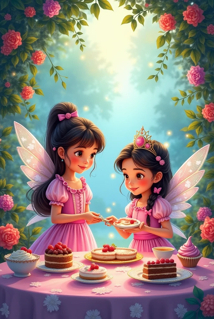"One shimmering afternoon, Vina’s fairy godmother, Lily, fluttered in with a twinkle in her eye. “Today, Vina, we’re having a magical dessert party in the Enchanted Garden! But first, we must prepare the special treats.”" (generate that story into photo cartoons watercolour theme)