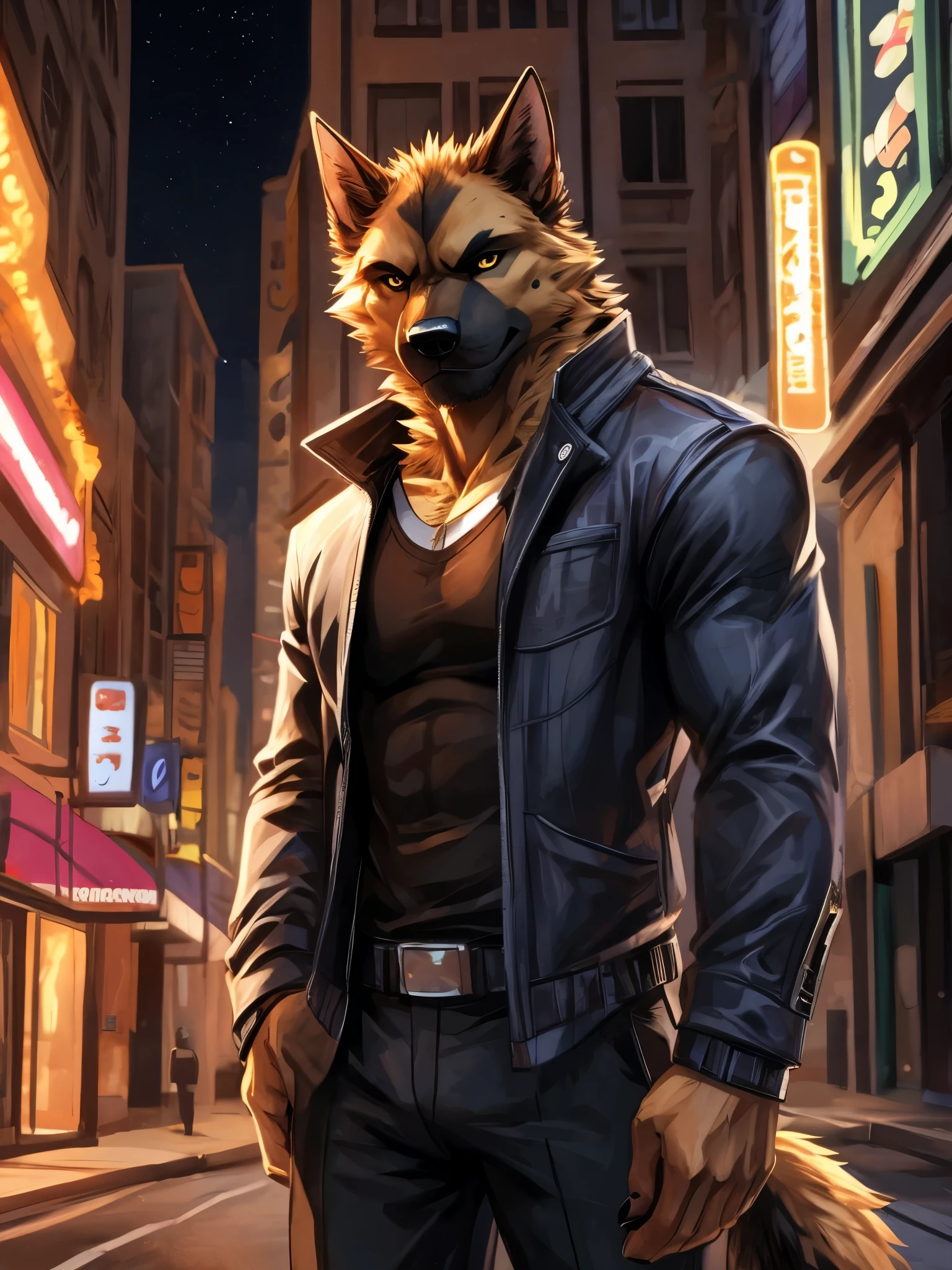Masterpiece, Solo, Furry German Sheperd dog, Yellow Eyes, Muscular Body, Cool Pose, Handsome, Good Looking, Adult, Fierce, Smirking, Casual Clothes, street