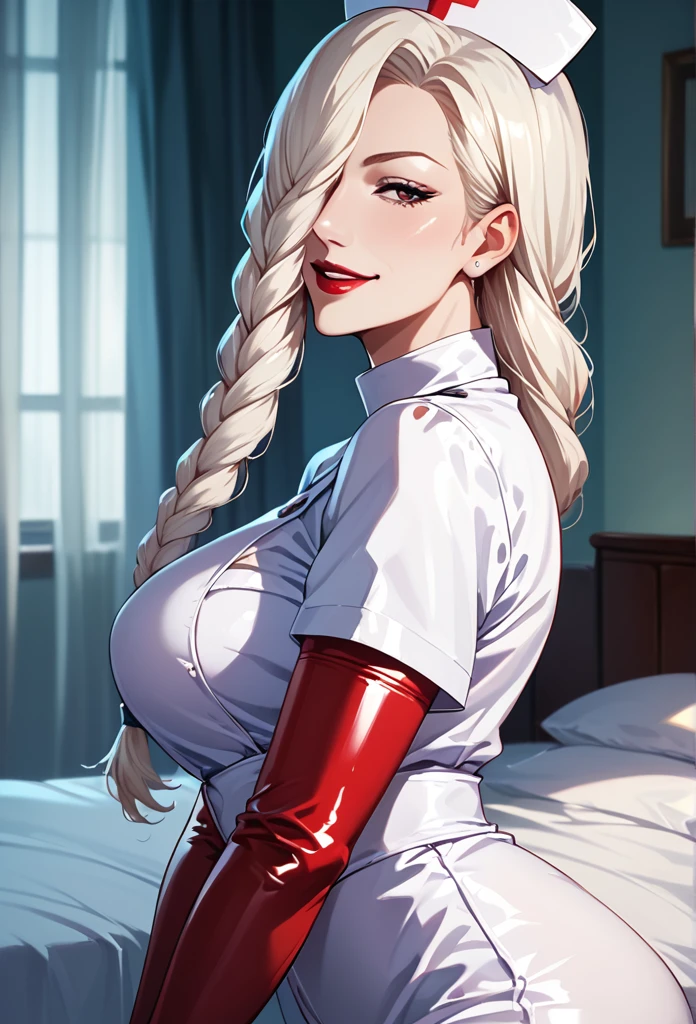 score_9, score_8_up, score_7_up, score_6_up, h1m3n0, 1girl, , mature female, Mei Mei , white braided hair, hair over one eye, red lips, latex bdsm white nurse uniform, seductive smile, highly detailed bedroom, standing in seductive pose