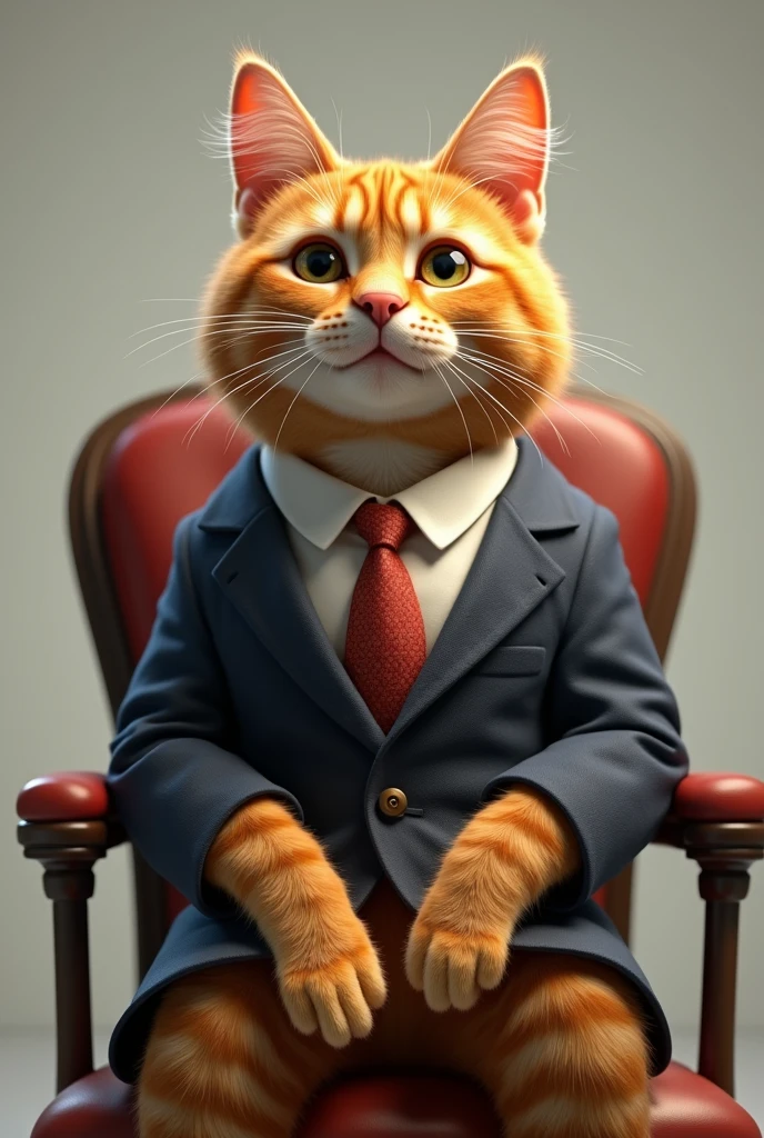 Create an orange cat sitting in chair wearing suit and acting as reporter