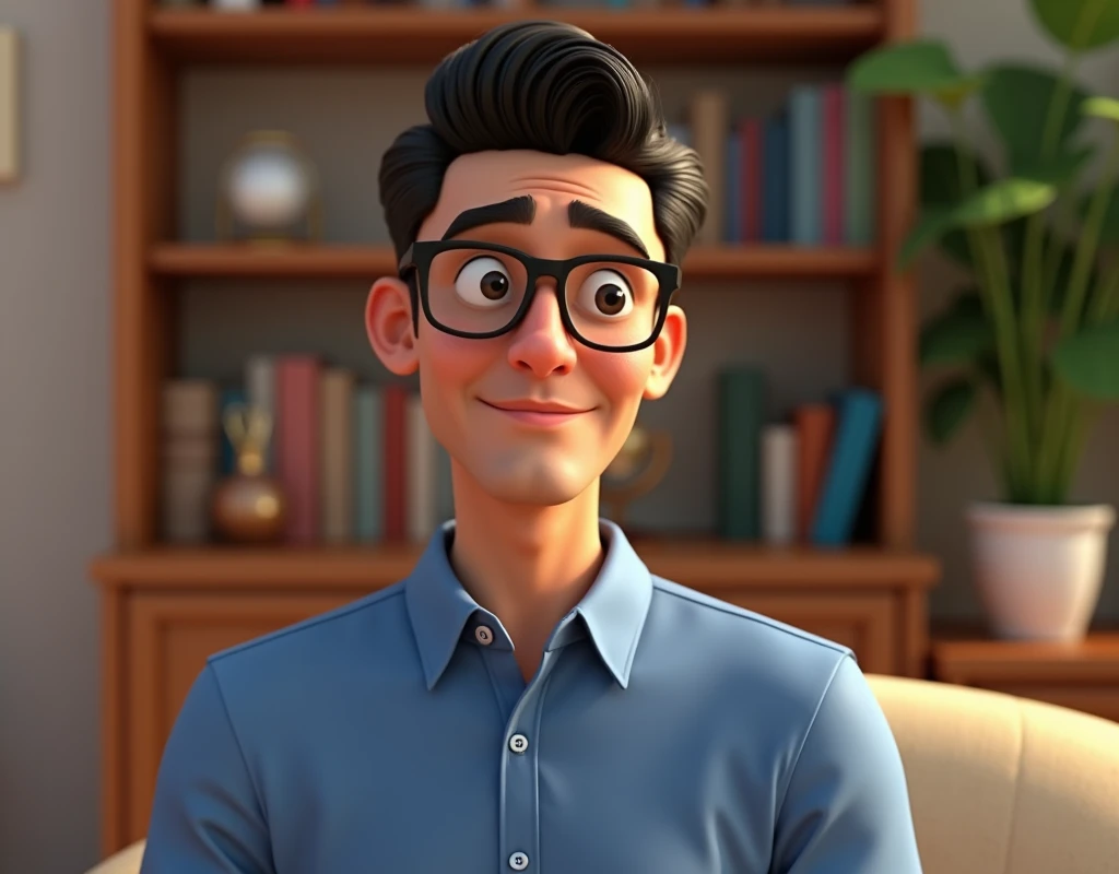 A 3D render of a stylized Pixar-style animation of a 35 year old man with black glasses and a blue shirt. The man has a relaxed face and looks straight into camera. The background is a blurred image of a room with bookshelves and a plant. The lighting is cinematic with a soft focus on the man.