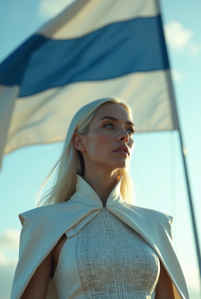 A woman stands looking out at the horizon. In the background a large flag floats in the wind. This flag has 2 horizontal stripes, one blue at the top and one cream in the bottom. The tension is intense, the queen is a woman 30 years old, very long straight hair, very blond hair, slim, blue eyes, wearing a cream and blue color futurist long royal dress with a printed circuit board cape, intense gazing eyes, ultra-resolution, intricately detailed, low angle, 8k by Helmut Newton