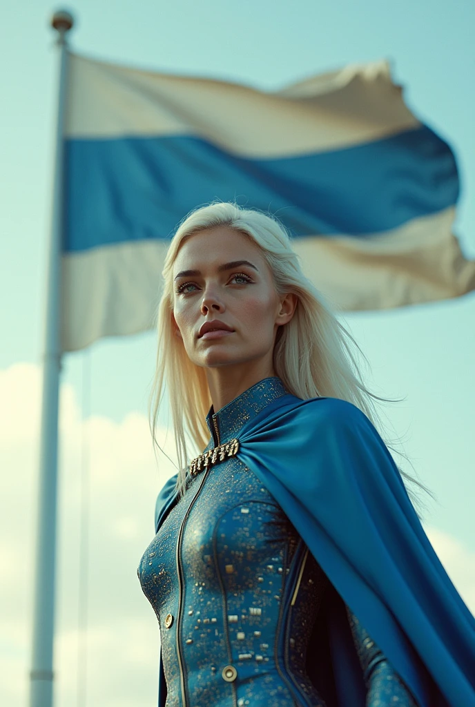 full view of a 30 years old woman, very long blond hair, blue eyes, slim, A woman stands. She holds a large flag with 2 horizontal stripes, one blue and one white, with pride, she wears a futurist dress made from a mix of printed circuit board alloy and a cape.